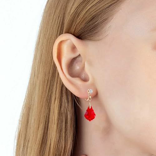 Austrian Crystal Baroque Drop Clip On Dangle Earrings for Women Non Pierced 14K Rose Gold Plated Hypoallergenic Jewelry - color: Red