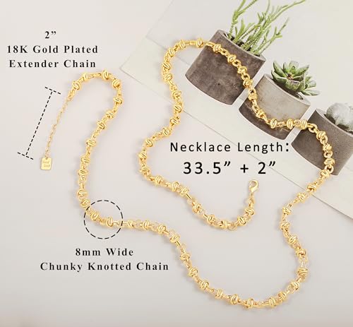 Aobei Pearl 18K Gold or Platinum Long Chain Necklace for Women Chunky Statement Chain Link Necklace Adjustable Geometric Open Chain Layering Jewelry - color: 18K Gold Plated Knotted Chain