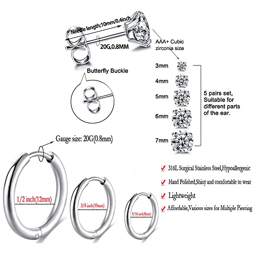 Surgical Stainless Steel Stud Earrings Hoop Earrings for Women Men 14K Gold Plated Hypoallergenic Cartilage Earrings Flat Back CZ Earrings Set Dainty Multiple Piercing Pack of 8 Pairs - color: Push back (Silver)