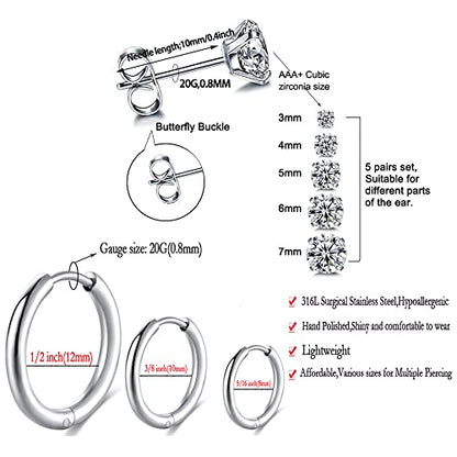 Surgical Stainless Steel Stud Earrings Hoop Earrings for Women Men 14K Gold Plated Hypoallergenic Cartilage Earrings Flat Back CZ Earrings Set Dainty Multiple Piercing Pack of 8 Pairs - color: Push back (Silver)