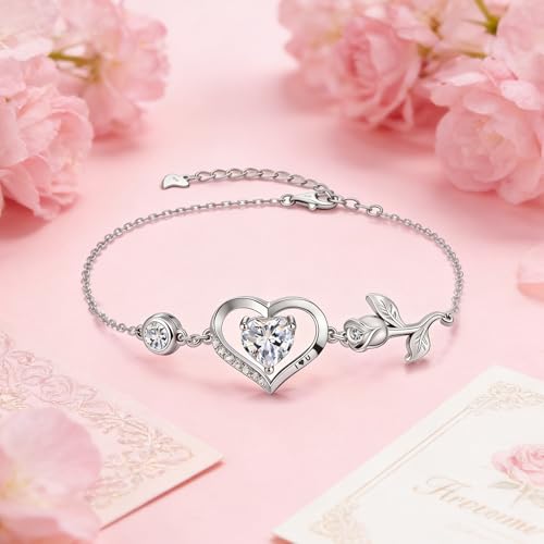 1CT Rose Heart Birthstone Bracelet for Women Love Gift - style: 04-April Moissanite Silver
