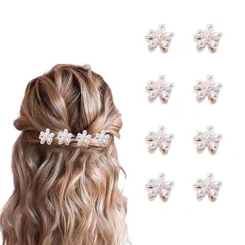 8 Pcs Small Mini Pearl Claw Clips with Flower Design, Sweet Artificial Bangs Clips Decorative Hair Accessories for Women Girls, Double Sided Flower Color H (Doesn’t Come with the Barrette) - color: Color H