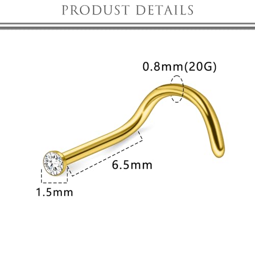 Hoeudjo Nose Studs Surgical Steel Cubic Zirconia Nose Rings Kit for Women Men Tiny Nose Stud Bone & Screw & L Shaped Nostril Piercing Jewelry 18/20/22/24 Gauge 10 Pieces - color: gold-tone,screw nose studs, size: 20g/1.5mm clear CZ