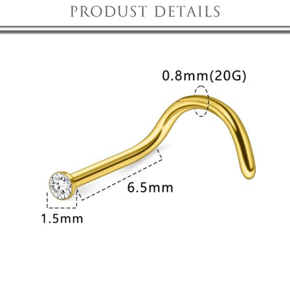 Hoeudjo Nose Studs Surgical Steel Cubic Zirconia Nose Rings Kit for Women Men Tiny Nose Stud Bone & Screw & L Shaped Nostril Piercing Jewelry 18/20/22/24 Gauge 10 Pieces - color: gold-tone,screw nose studs, size: 20g/1.5mm clear CZ