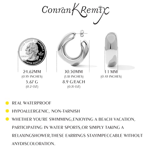 Waterproof Thick Gold Chunky Hoops Earrings for Women Non Tarnish,Gold Plated Hypoallergenic Open Hoop Earrings,Lightweight Hollow Earrings - color: Silver