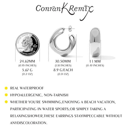 Waterproof Thick Gold Chunky Hoops Earrings for Women Non Tarnish,Gold Plated Hypoallergenic Open Hoop Earrings,Lightweight Hollow Earrings - color: Silver