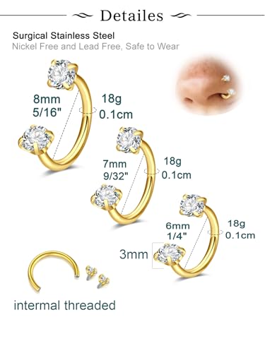 Longita 20g Nose Rings Hoop L Shape Nose Studs Stainless Steel Nose Screw Bone Flat Top Diamond Opal Heart High Nostril Piercing Jewelry Silver Rose Gold Black Pack for Women Men - color: C6- Horseshoe Ring 18g 6/7/8mm- gold 3pcs