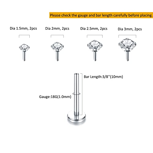 Oveta Threadless Push in Lip Rings 16G/18G/20G Labret Jewelry CZ Lip Studs Stainless Steel Cartilage Earrings for Women Monroe Medusa Piercing Jewelry 6/7/8/10/12mm Bar Length - color: Silver, size: 18G*10mm bar*1.5/2/2.5/3mm cz