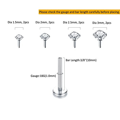 Oveta Threadless Push in Lip Rings 16G/18G/20G Labret Jewelry CZ Lip Studs Stainless Steel Cartilage Earrings for Women Monroe Medusa Piercing Jewelry 6/7/8/10/12mm Bar Length - color: Silver, size: 18G*10mm bar*1.5/2/2.5/3mm cz