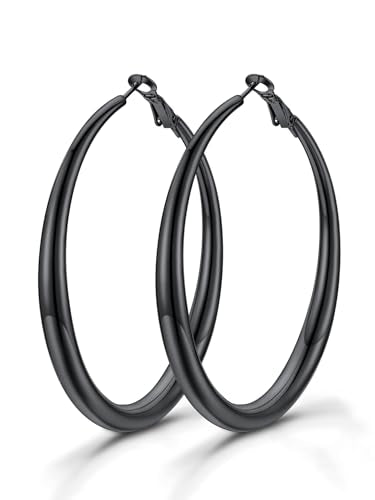 KeyStyle 5mm Thick Hoop Earring，Large Gold Hoop Earrings for Women | Stainless Steel Hoops Earring 14K Gold Plated/Silver/Black Hoop Lightweight Hypoallergenic Hollow Tube Hoop(40/60/80MM) - color: Black, size: 60mm