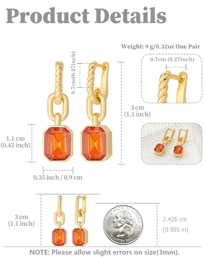 Birthstone Crystal Dangle Drop Earrings, 18K Gold Plated Huggie HoopEarring | Hypoallergenic Earring Jewelry Gifts for Women, Birthdays, anniversaries, weddings - color: Orange-1
