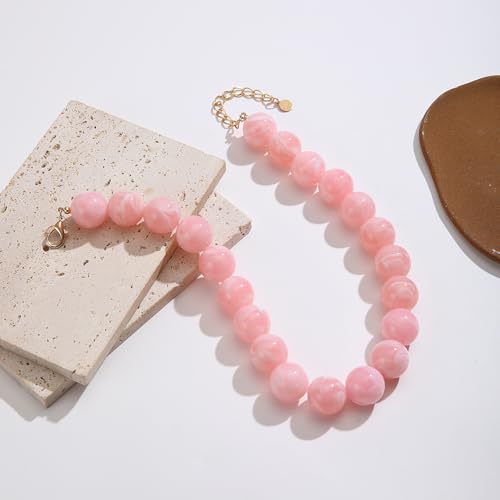 Chunky Necklaces for Women Trendy 20MM Large Resin Beaded Necklace Bold Statement Chunky Choker Necklace Boho Beads Summer Beach Jewelry - color: Pink