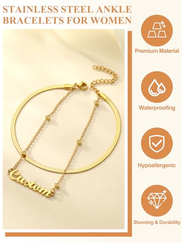 Custom4U Custom Name Anklet Bracelets for Women Waterproof Beaded/Figaro/Cuban/Rope/Wheat Chain Anklet Stackable Gold Plated Non Tarnish Custom Beach Gift Barefoot Summer Jewelry for Her - color: F01-Gold Herringbone Chain