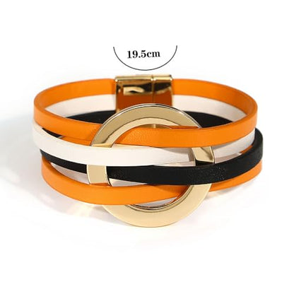 hotoo Circle Charm Bracelets for Women Handmade Leather Wrap Bracelets for Couples Friendship Bracelet Bohemian Cuff Bangle Boho Jewelry Gift - color: New Orange