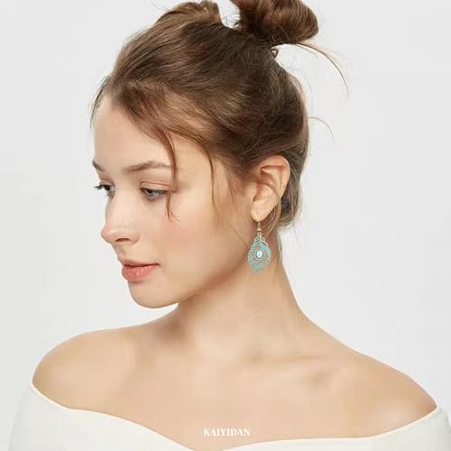 Boho Turquoise Dangle Earrings For Women Trendy,Western Blue Gemstone Drop Earings,Vintage Gothic Ethnic Statement Beach Vacation Long Birthstone Earrings with Leaf Teardrop Turquoise Crystal Tassels,Fashion Jewelry Birthday Gift. - style: A3 Feather Turq