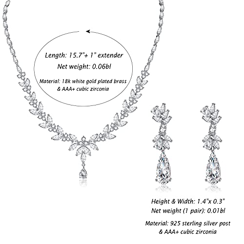 Jewelry Set for Women, Cubic Zirconia Necklace Dangle Earrings & Bracelet Jewelry Set for Bride Bridesmaid Wedding Engagement Prom Party - style: Silver-Necklace+Earrings
