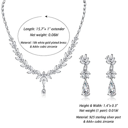 Jewelry Set for Women, Cubic Zirconia Necklace Dangle Earrings & Bracelet Jewelry Set for Bride Bridesmaid Wedding Engagement Prom Party - style: Silver-Necklace+Earrings