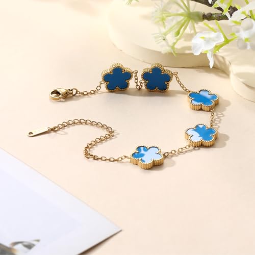 TICVSS Four Leaf Clover Bracelet for Women 18K Gold Plated Stainless Steel Lucky 4 Leaf Gold Link Bracelet Jewelry Gift for Women - color: Blue
