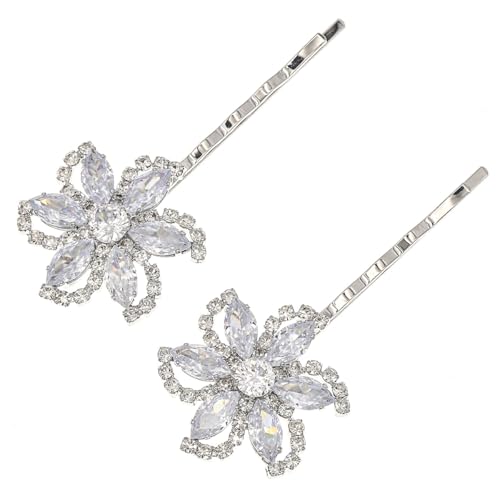 Sparkling Floral Crystal Bobby Pins for Women - Elegant Rhinestone Hair Clips with Rhodium Plated Alloy, Minimalist Flower Hair Accessories for Wedding, Party, and Daily Wear (Set of 2)