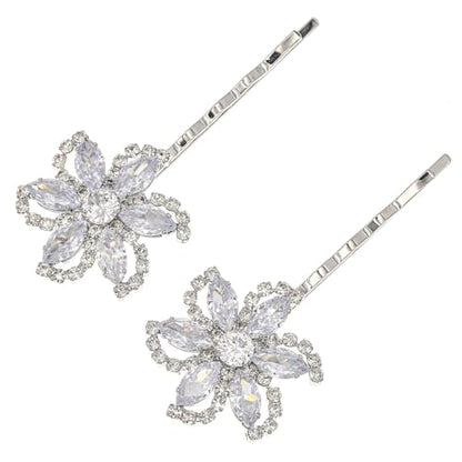 Sparkling Floral Crystal Bobby Pins for Women - Elegant Rhinestone Hair Clips with Rhodium Plated Alloy, Minimalist Flower Hair Accessories for Wedding, Party, and Daily Wear (Set of 2)