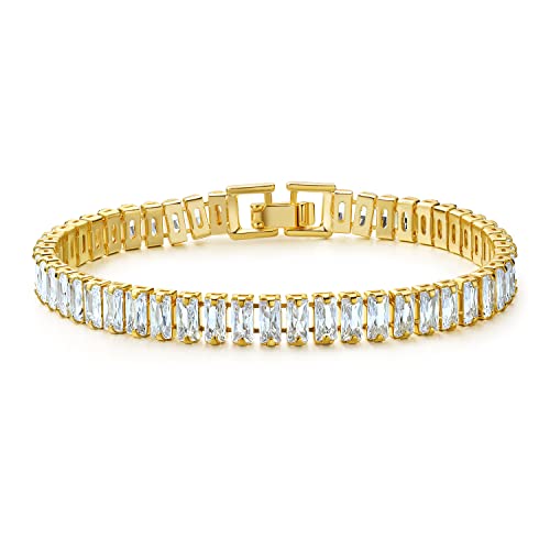 MDFUN 18K Yellow Gold Plated Round Tennis Bracelet for Women – Elegant 5mm Cubic Zirconia Tennis Bracelet – Great Gift for Mom, Wife & Loved Ones Size 6-8.5 inches - style: Rectangle CZ- 8 in