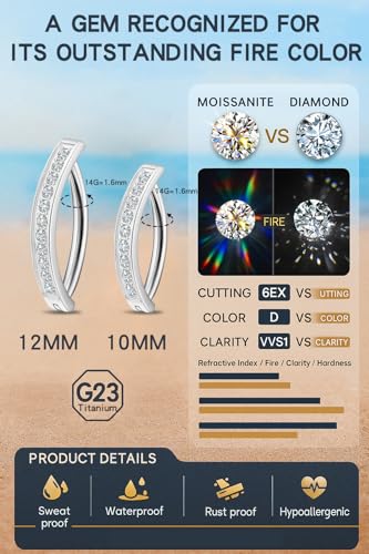 VOJO Moissanite Clicker Belly Button Ring, Titanium 2 Pcs 10&12mm Reverse Curved Hoop Navel Barbell Piercing Jewelry - color: White Gold