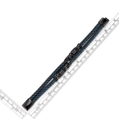COOLSTEELANDBEYOND Mens Double-Row Braided Leather Bracelet Bangle Wristband with Black Stainless Steel Ornaments - color: H-Black Blue