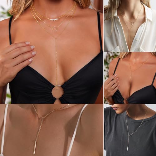 HAXIYA Gold Pearl Y-Shaped Necklace for Women Layered Lariat Long Pendant | 14K Gold Plated/Sterling Silver Dainty Drop Chain Layered Pearl/Beaded Necklaces Simple Gold Jewelry for Women - color: Bar Set - Gold