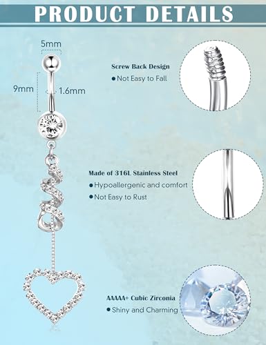 LOLIAS 7 Pcs Surgical Steel Dangle Belly Button Ring Piercing for Women | Hypoallergenic Long Belly Rings Gold Silver 14G Navel Button Piercing CZ Flower Heart Curved Navel Piercing Jewelry - color: A:Silver-tone