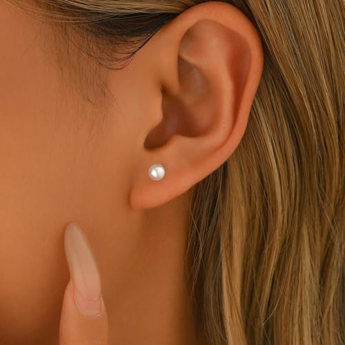 Pearl Stud Earrings for Women Gold/Silver Plated 3mm 4mm 5mm 6mm 8mm Pearl Earrings Dainty Hypoallergenic Earrings - color: White Gold, size: 5 Millimeters