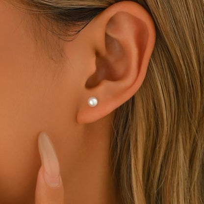 Pearl Stud Earrings for Women Gold/Silver Plated 3mm 4mm 5mm 6mm 8mm Pearl Earrings Dainty Hypoallergenic Earrings - color: White Gold, size: 5 Millimeters