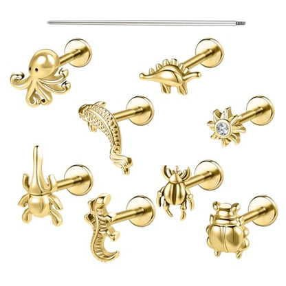 AOEDEJ 16G Internally Threaded Labret Surgical Steel 8PCS Animal Flat Back Hypoallergenic Cartilage Helix Tragus Conch Helix Studs Earrings for Women Men - color: Gold, size: 1.2*8mm