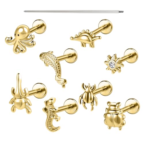 AOEDEJ 16G Internally Threaded Labret Surgical Steel 8PCS Animal Flat Back Hypoallergenic Cartilage Helix Tragus Conch Helix Studs Earrings for Women Men - color: Gold, size: 1.2*6mm