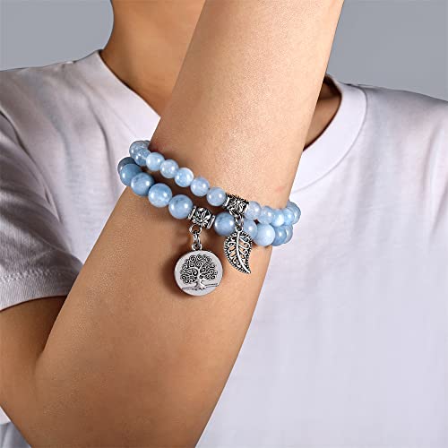 Bivei Natural Semi Precious Gemstone beads bracelet for women - Life Tree and Leaf Charm Energy Reiki Crystal Stretch Bracelets - color: Aquamarine Bracelets Set, size: Medium:6.8-7.24inch