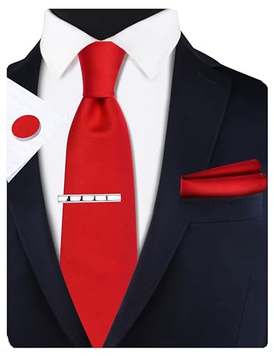 GUSLESON New 3.15"（8cm） Solid Color Necktie and Pocket Square Cufflinks Clip Set - color: Red