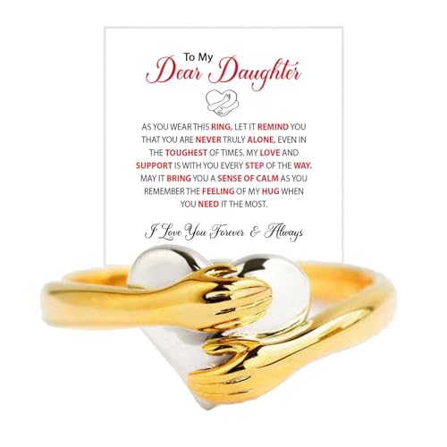 To My Daughter Hug Ring For Hope Rings, Inspirational Stainless Steel Engarved With Always With You Message Adjustable Ring for Women Non Tarnish Jewelry Gift for Her Birthday Christmas - color: Heart-Gold