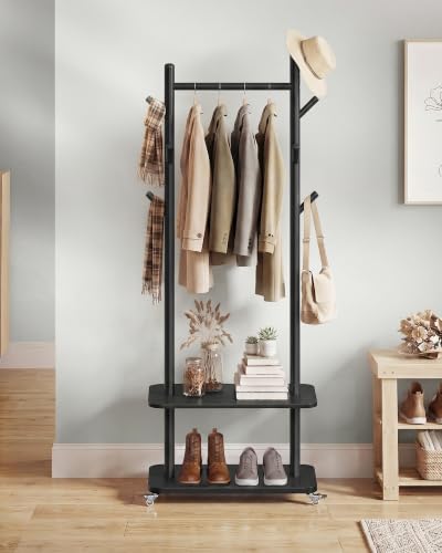 VASAGLE Freestanding Coat Rack Stand with 7 Hooks, 2 Shelves, 4 Removable 360° Swivel Wheels, Wooden Hooks and Pole, for Entryway, Bedroom, Living Room, Ink Black URCR053BH01 - color: Ink Black, style: Minimalist