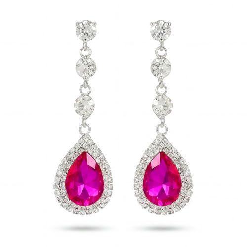 Catery Rhinestone Earrings Silver Crystal Teardrop Earrings Long Wedding Jewelry for Women - color: Hot-Pink