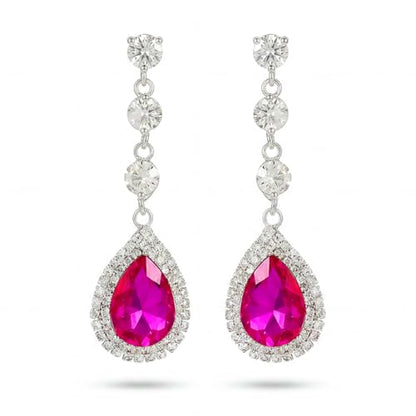 Catery Rhinestone Earrings Silver Crystal Teardrop Earrings Long Wedding Jewelry for Women - color: Hot-Pink