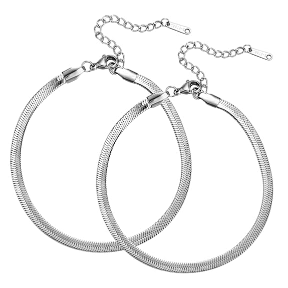 Stainless Steel Herringbone Snake Chain Bracelet Set of 2, Silver | Adjustable Lobster Clasp, Flat Snake Chain, Matching Pair, Tarnish Resistant, Unisex Design
