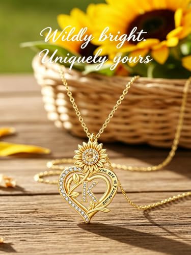 14K Gold Sunflower Initial Necklaces for Women | Heart Letter Pendant You Are My Sunshine Jewelry Gifts - style: K