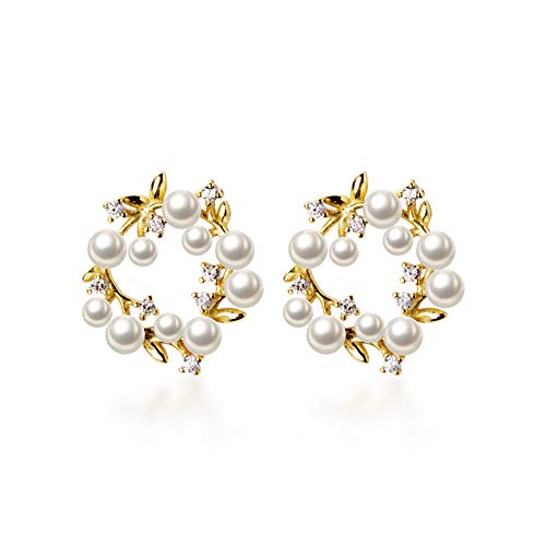 Elegant Pearl Stud Earrings S925 Sterling Silver Dainty CZ Crystal Birthstone Anadem Flower Wedding Earring Ear Piercing Leaf 18K Gold Plated Jewelry for Women Hypoallergenic