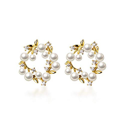 Elegant Pearl Stud Earrings S925 Sterling Silver Dainty CZ Crystal Birthstone Anadem Flower Wedding Earring Ear Piercing Leaf 18K Gold Plated Jewelry for Women Hypoallergenic