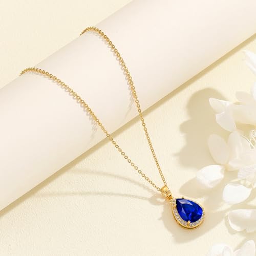 VONSSY Classic Oval Pendant Gemstone Necklace | Crystal Ruby Sapphire Waterdrop Birthstone Teardrop Emerald Necklace | 18K Platinum Gold Plated Chain | Jewelry Gift for Mother Wife Girlfriend - color: NL-Sapphire-Gold