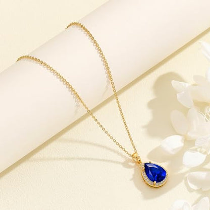 VONSSY Classic Oval Pendant Gemstone Necklace | Crystal Ruby Sapphire Waterdrop Birthstone Teardrop Emerald Necklace | 18K Platinum Gold Plated Chain | Jewelry Gift for Mother Wife Girlfriend - color: NL-Sapphire-Gold