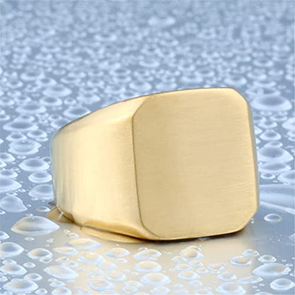 HIJONES Mens Stainless Steel Signet Ring Matte Brushed Square | Simple Statement ,Wedding Band,Polished Round - color: Square-Gold