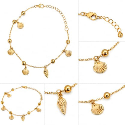 LESLIE BOULES 18K Gold Plated Beach Anklet for Women, Seashell and Conch Charm Chain Bracelet