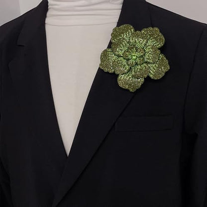 Rhinestone Flower Brooch Pin for Women Men Elegant Sparkly Crystal Camellia Floral Lapel Pins Shawl Dress Suit Clothes Accessories Wedding Party Fashion Jewelry 105mm - color: Olive Green