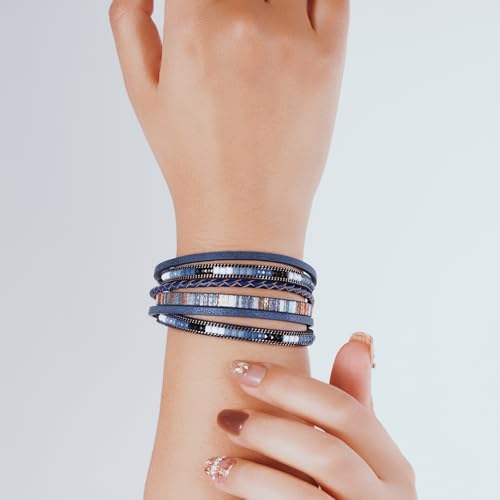 Boho Leather Wrap Bracelets Beaded Stackable Cuff Bracelet Country Concert Outfits Cowboy Cowgirl Western Jewelry Gifts for Women - color: 2layer-Blue