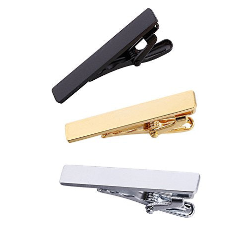 AnotherKiss 3-Pack Skinny Tie Clips for Men, Black Gold Silver Tone | Includes 3 slim tie clips in black, gold and silver tone, ideal for skinny ties, dress shirts, business wear and weddings.